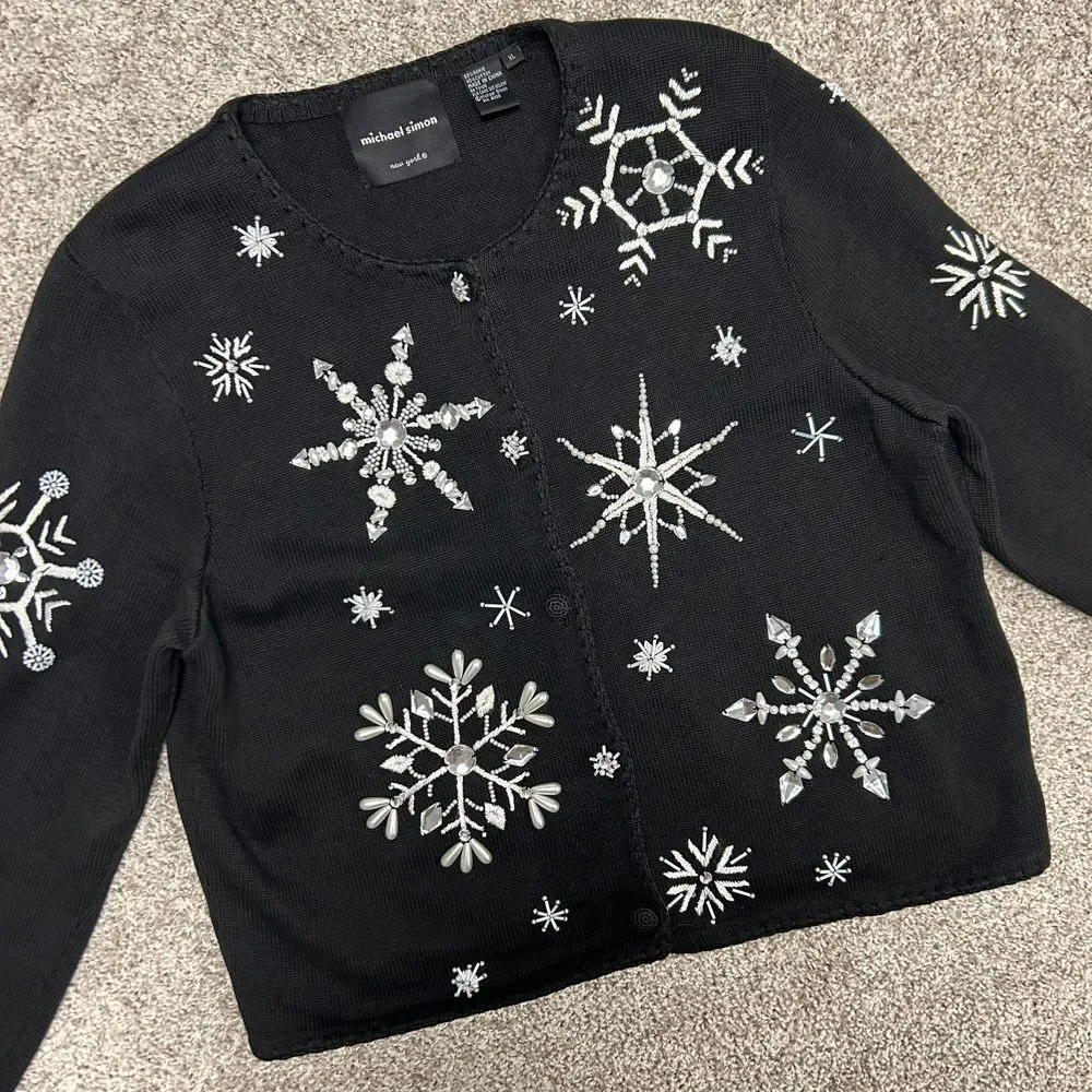 Vintage 2000 Michael Simon Beaded Snowflake Cardigan Sweater Women Size XL Black